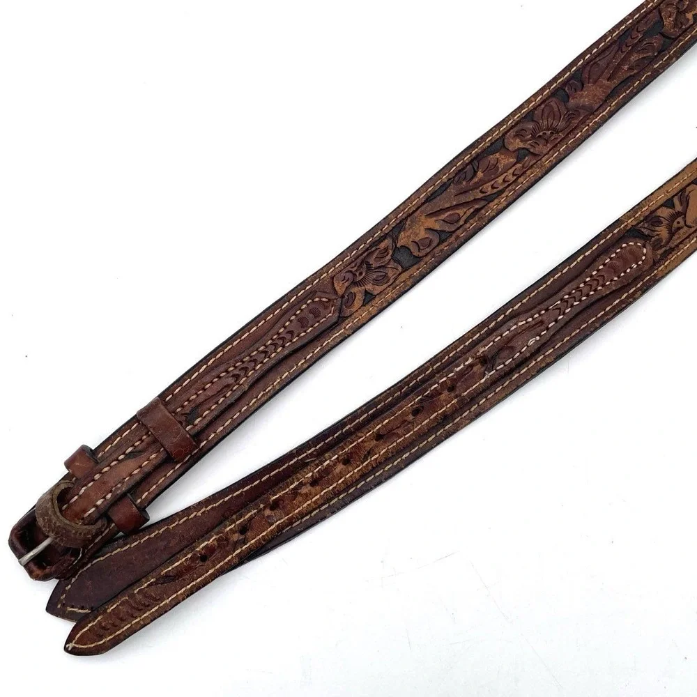 Vintage Hand Tooled Brown Leather Western Belt Cowboy Floral Carved XL 43-48.5